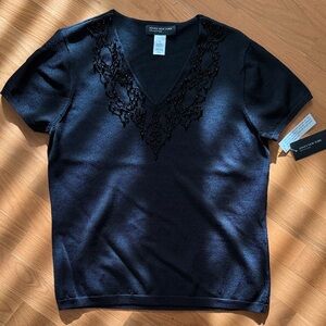 Jones New York Black Beaded V-Neck Top